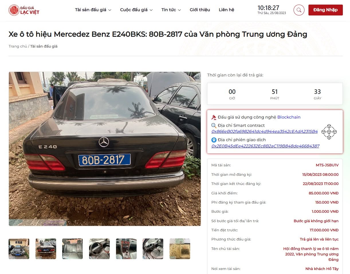 2023年8月25日的 Lac Viet 拍卖界面：车牌80B-2817的奔驰E240及智能合约、交易参考链接。